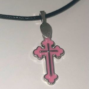 Pink enamel & silver cross pendant necklace and lobster clasp necklace